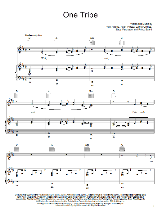 The Black Eyed Peas One Tribe sheet music notes and chords arranged for Piano, Vocal & Guitar Chords (Right-Hand Melody)