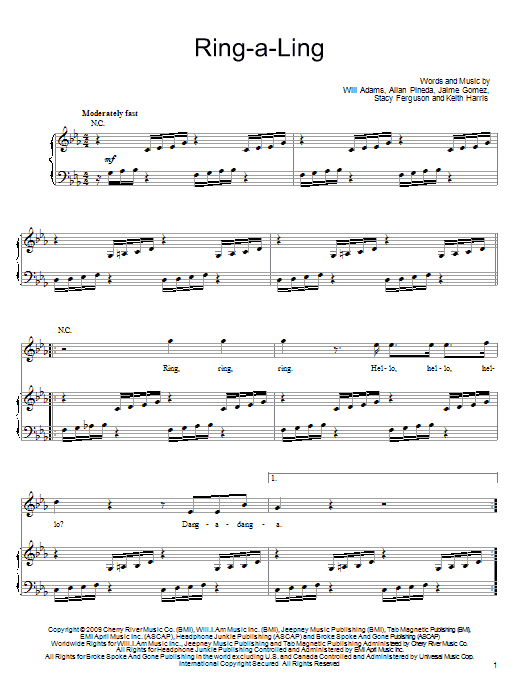 The Black Eyed Peas Ring-A-Ling sheet music notes and chords arranged for Piano, Vocal & Guitar Chords (Right-Hand Melody)
