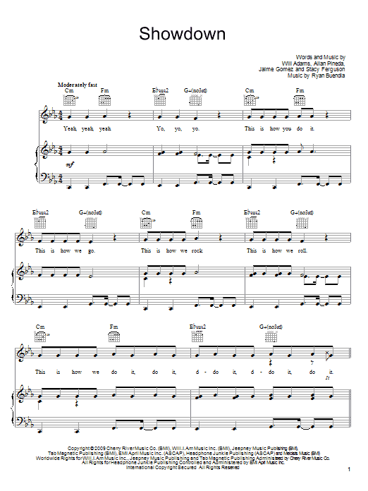The Black Eyed Peas Showdown sheet music notes and chords arranged for Piano, Vocal & Guitar Chords (Right-Hand Melody)