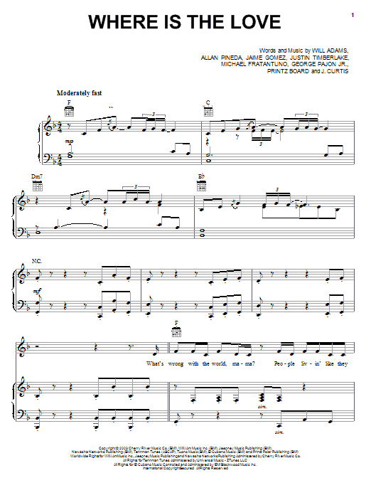 The Black Eyed Peas Where Is The Love sheet music notes and chords arranged for Piano, Vocal & Guitar Chords (Right-Hand Melody)