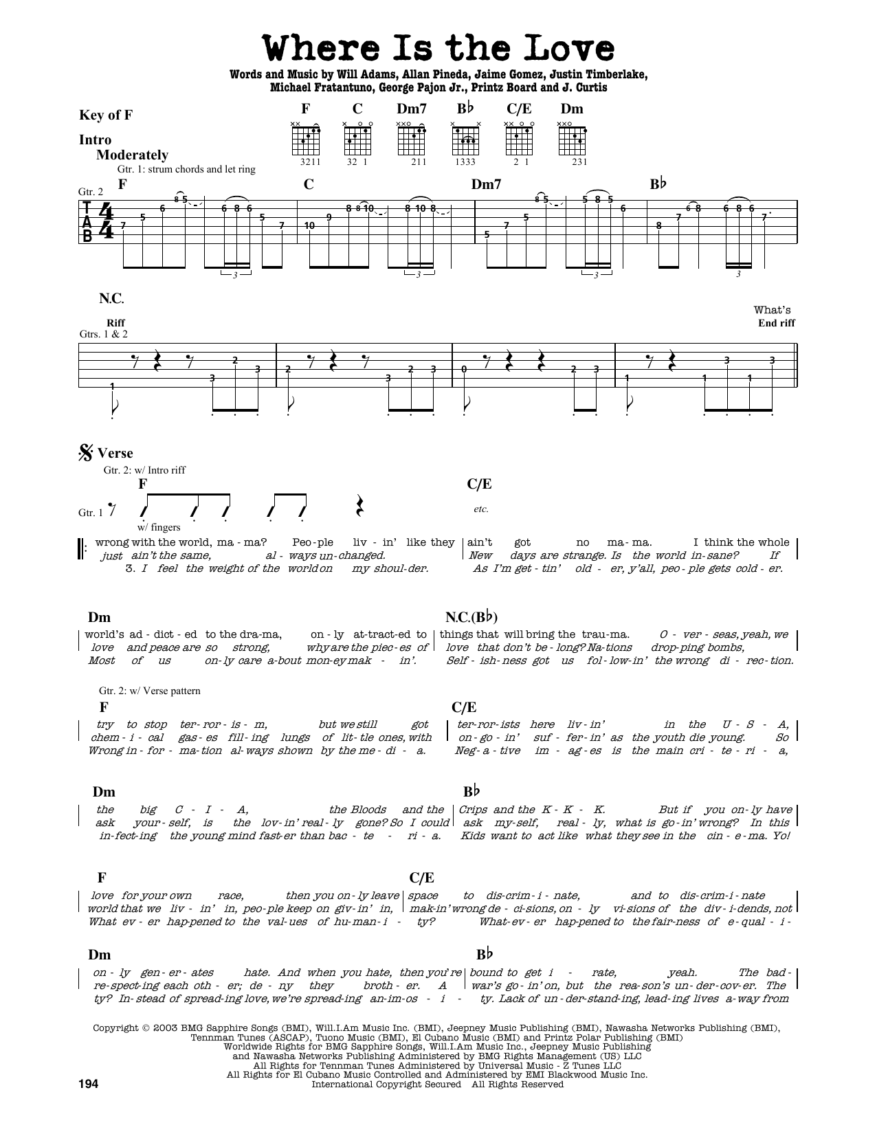 The Black Eyed Peas Where Is The Love? sheet music notes and chords arranged for Guitar Lead Sheet