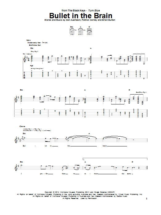 The Black Keys Bullet In The Brain sheet music notes and chords arranged for Guitar Tab