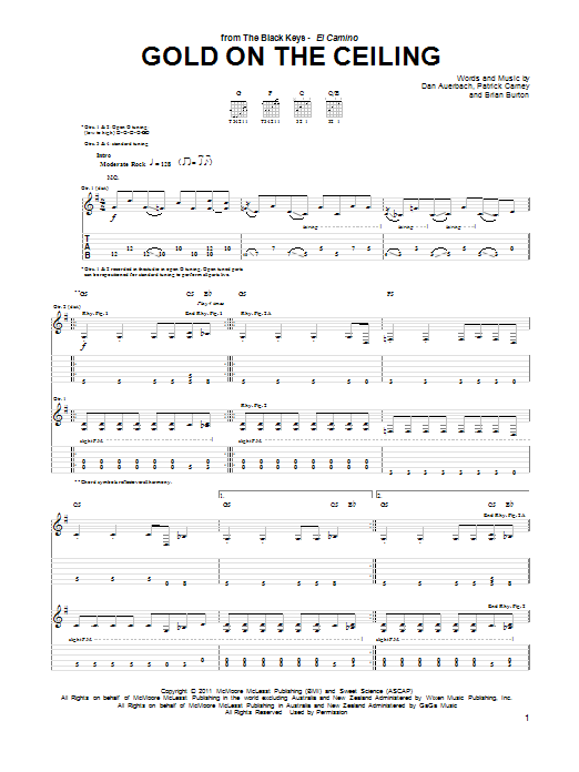 The Black Keys Gold On The Ceiling sheet music notes and chords arranged for Guitar Tab (Single Guitar)