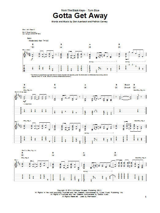 The Black Keys Gotta Get Away sheet music notes and chords arranged for Guitar Tab