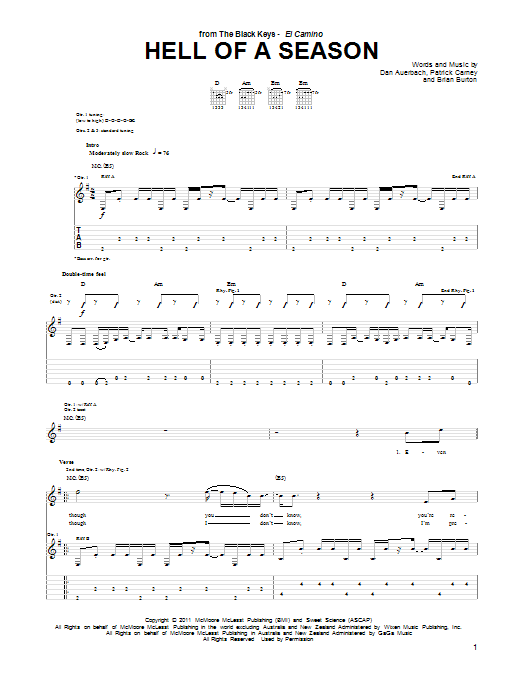 The Black Keys Hell Of A Season sheet music notes and chords arranged for Guitar Tab