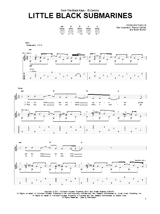 The Black Keys Little Black Submarines sheet music notes and chords arranged for Really Easy Guitar
