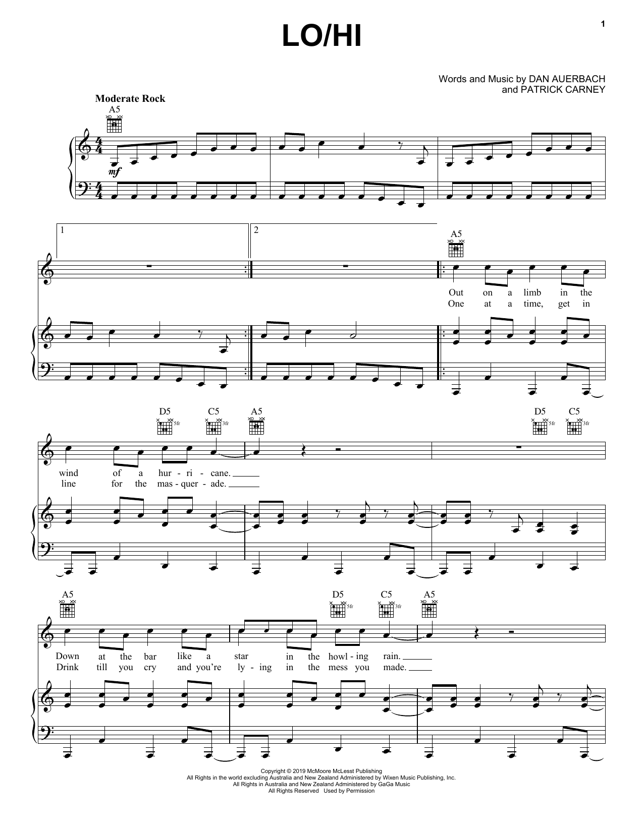 The Black Keys Lo/Hi sheet music notes and chords arranged for Easy Guitar Tab