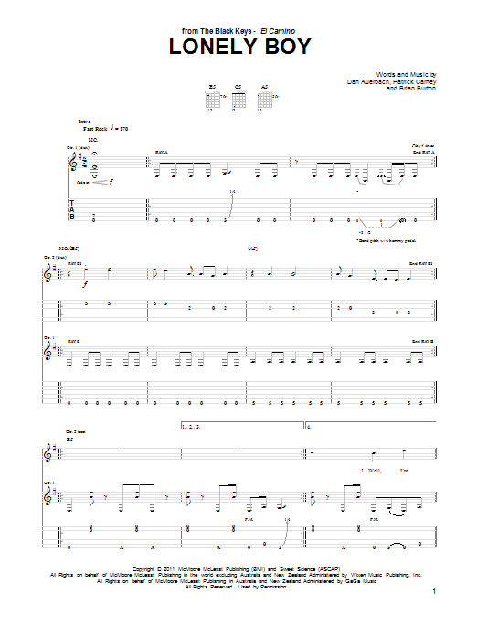 The Black Keys Lonely Boy sheet music notes and chords arranged for Piano, Vocal & Guitar Chords (Right-Hand Melody)