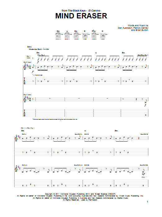 The Black Keys Mind Eraser sheet music notes and chords arranged for Guitar Tab