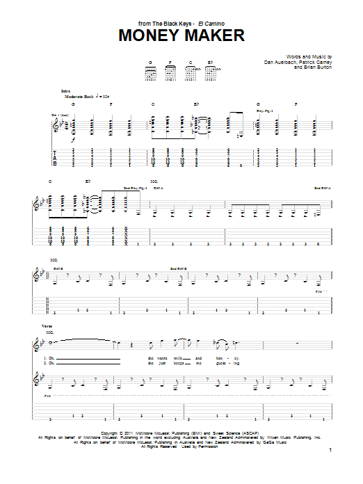 The Black Keys Money Maker sheet music notes and chords arranged for Guitar Tab