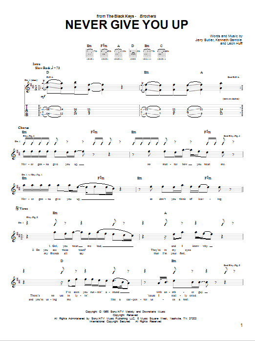 The Black Keys Never Give You Up sheet music notes and chords arranged for Guitar Tab
