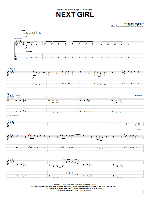 The Black Keys Next Girl sheet music notes and chords arranged for Guitar Tab
