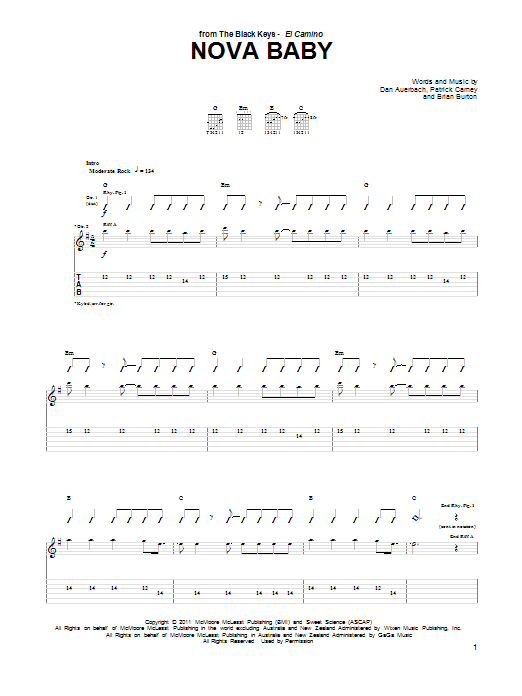 The Black Keys Nova Baby sheet music notes and chords arranged for Guitar Tab