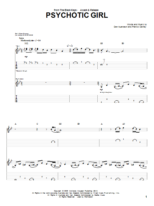 The Black Keys Psychotic Girl sheet music notes and chords arranged for Guitar Tab