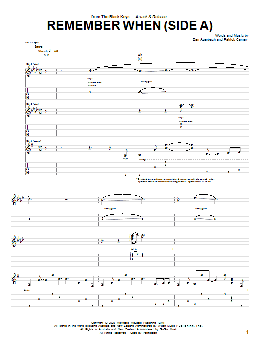 The Black Keys Remember When (Side A) sheet music notes and chords arranged for Guitar Tab