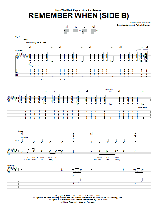 The Black Keys Remember When (Side B) sheet music notes and chords arranged for Guitar Tab