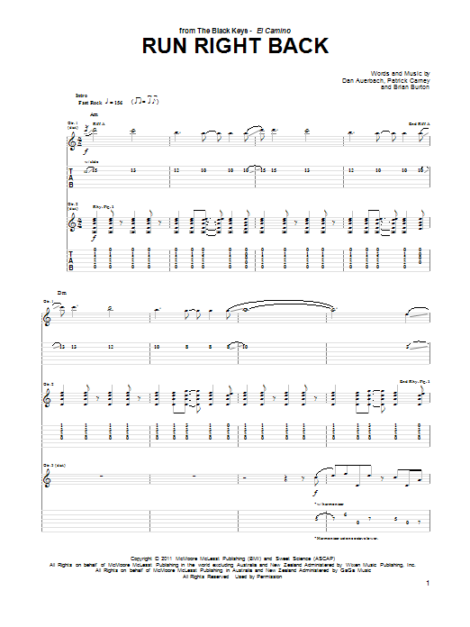 The Black Keys Run Right Back sheet music notes and chords arranged for Guitar Tab