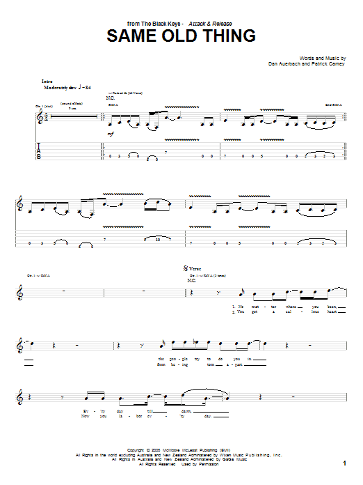 The Black Keys Same Old Thing sheet music notes and chords arranged for Guitar Tab