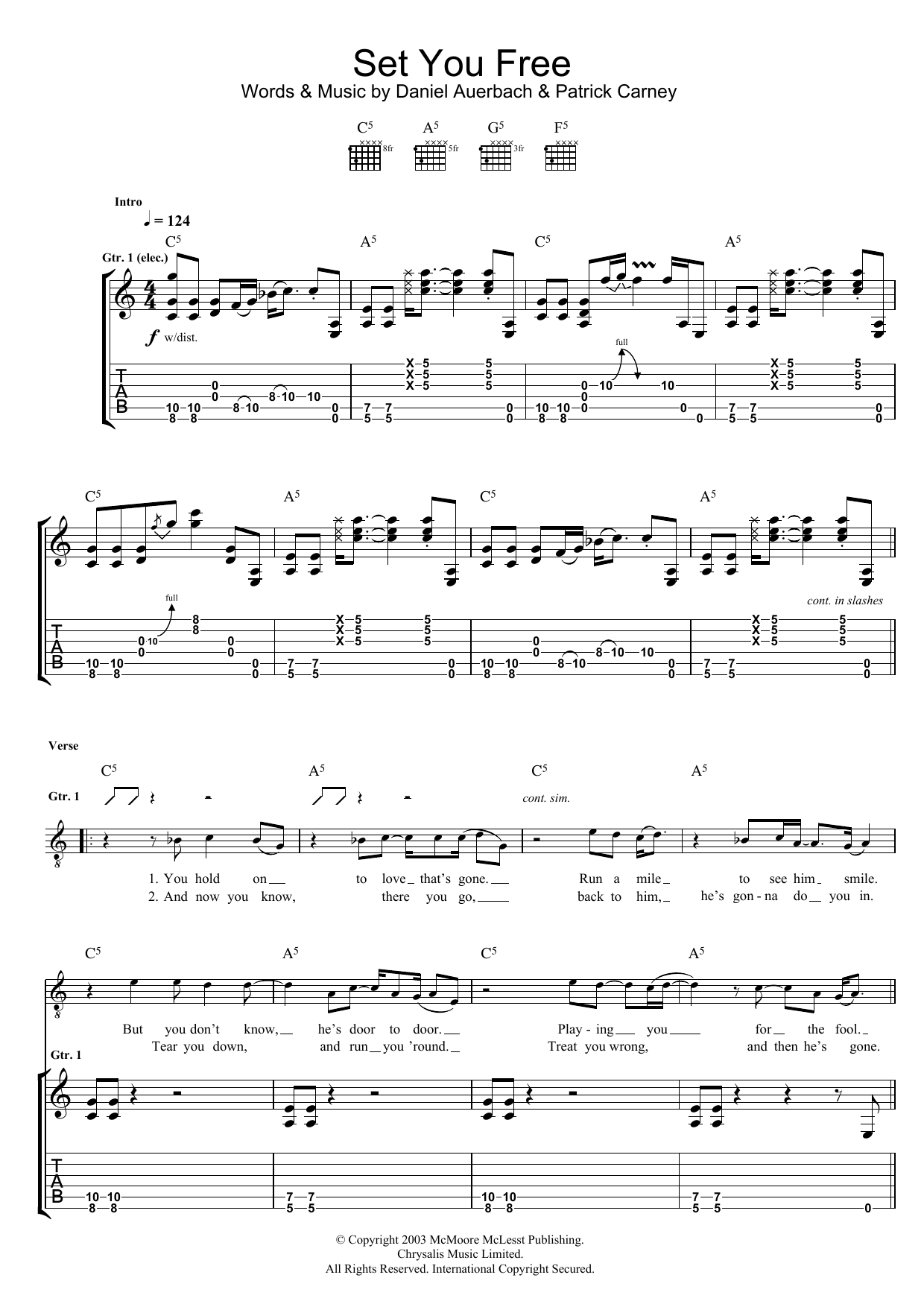 The Black Keys Set You Free sheet music notes and chords arranged for Piano, Vocal & Guitar Chords (Right-Hand Melody)