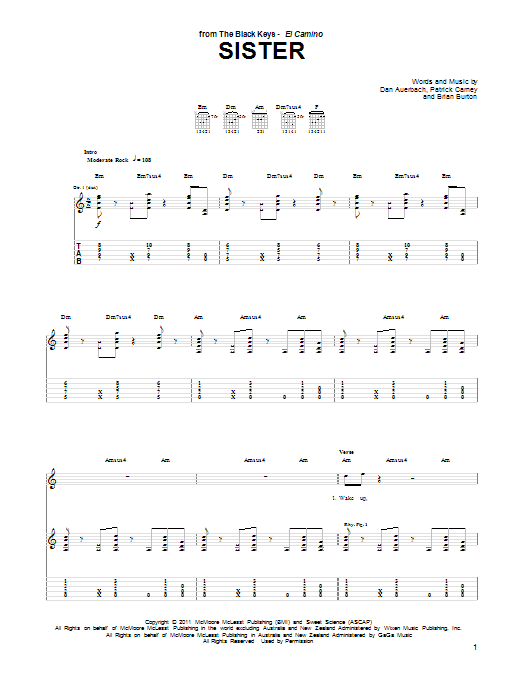 The Black Keys Sister sheet music notes and chords arranged for Guitar Tab