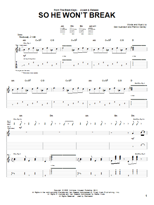 The Black Keys So He Won't Break sheet music notes and chords arranged for Guitar Tab