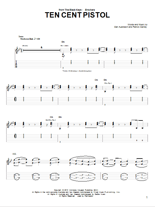 The Black Keys Ten Cent Pistol sheet music notes and chords arranged for Guitar Tab
