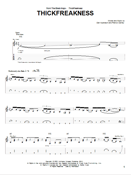 The Black Keys Thickfreakness sheet music notes and chords arranged for Piano, Vocal & Guitar Chords (Right-Hand Melody)