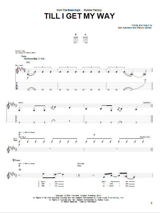 The Black Keys Till I Get My Way sheet music notes and chords arranged for Piano, Vocal & Guitar Chords (Right-Hand Melody)