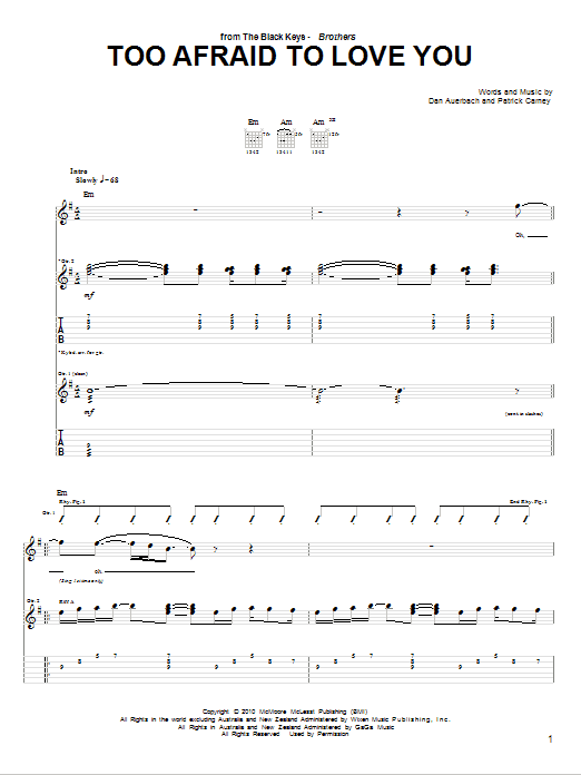 The Black Keys Too Afraid To Love You sheet music notes and chords arranged for Guitar Tab