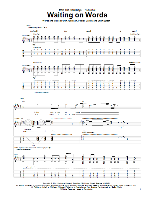 The Black Keys Waiting On Words sheet music notes and chords arranged for Guitar Tab