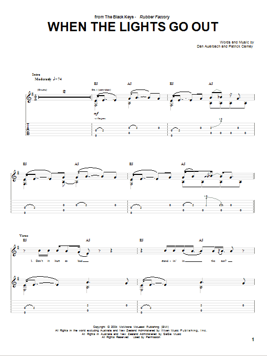 The Black Keys When The Lights Go Out sheet music notes and chords arranged for Guitar Tab