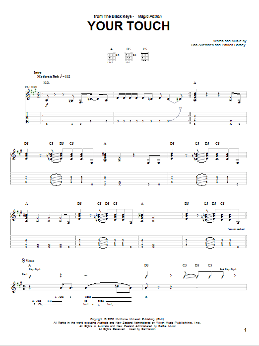 The Black Keys Your Touch sheet music notes and chords arranged for Piano, Vocal & Guitar Chords (Right-Hand Melody)