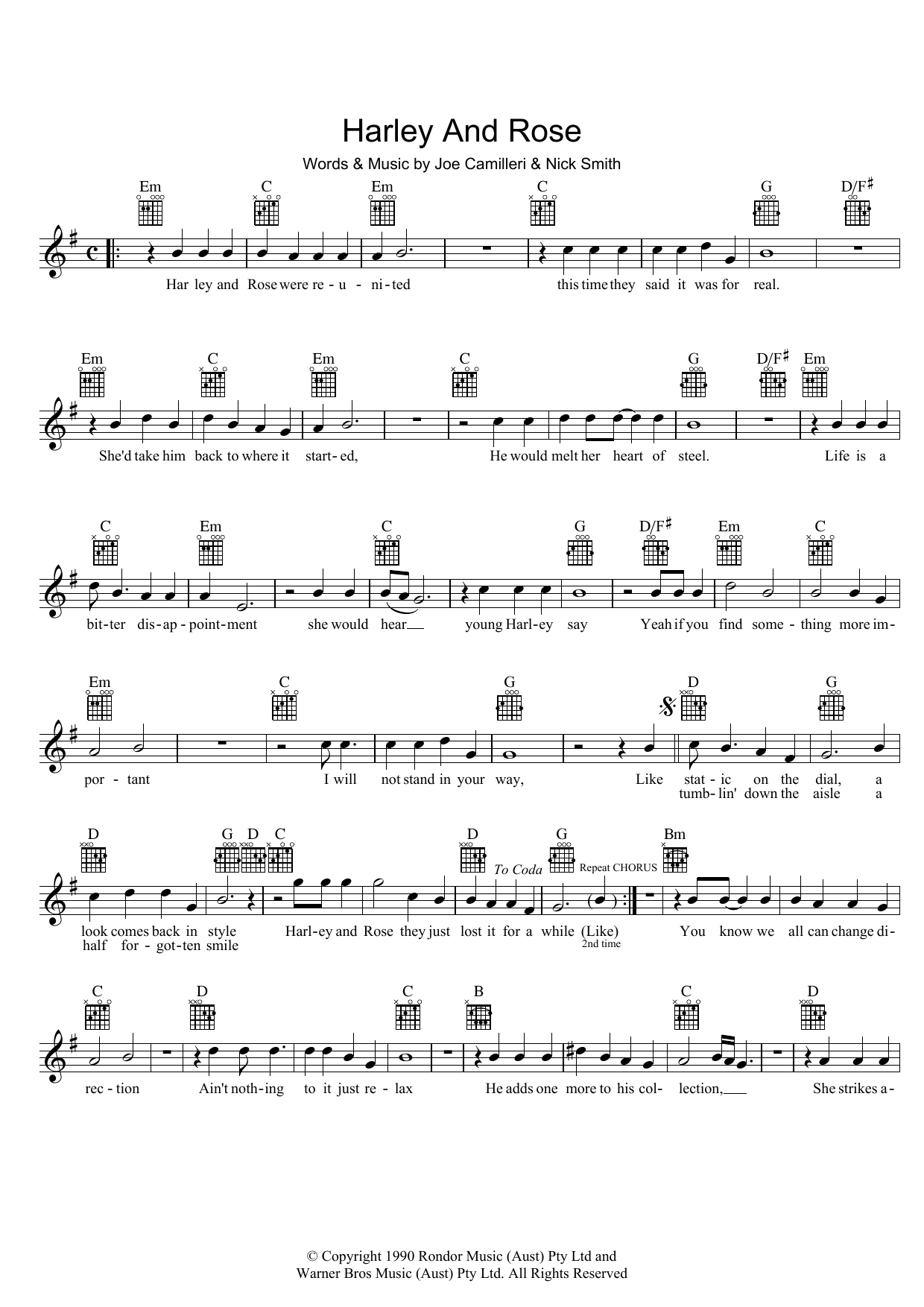 The Black Sorrows Harley And Rose sheet music notes and chords arranged for Lead Sheet / Fake Book