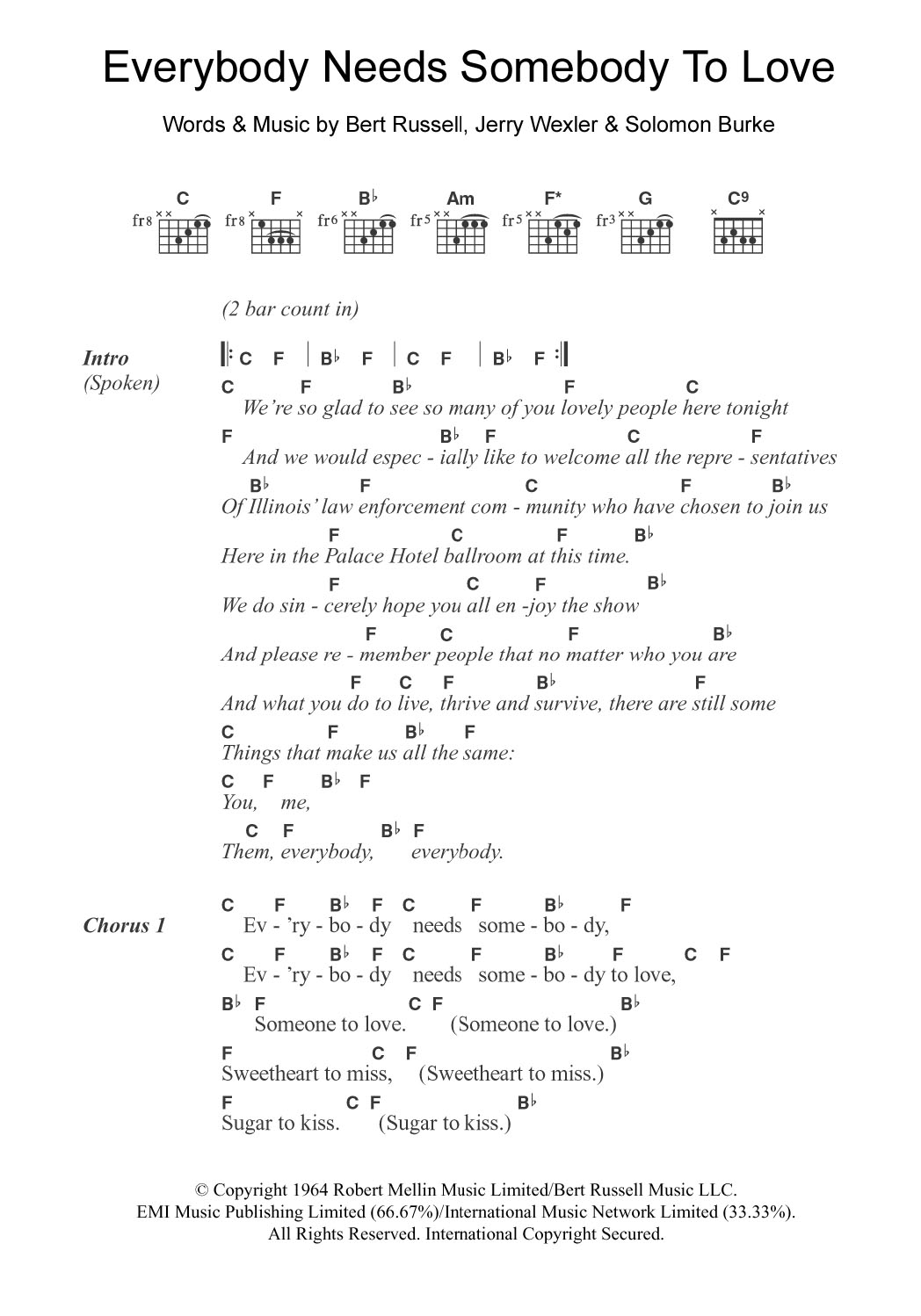 The Blues Brothers Everybody Needs Somebody To Love sheet music notes and chords arranged for Guitar Chords/Lyrics