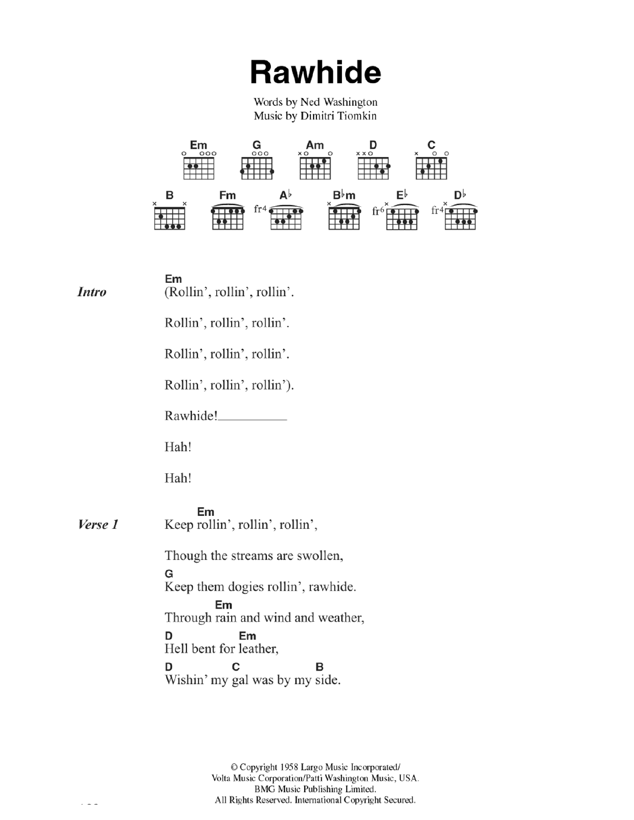 The Blues Brothers Rawhide sheet music notes and chords arranged for Guitar Chords/Lyrics