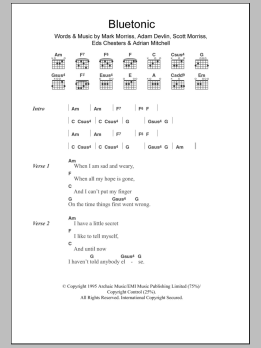 The Bluetones Bluetonic sheet music notes and chords arranged for Guitar Chords/Lyrics