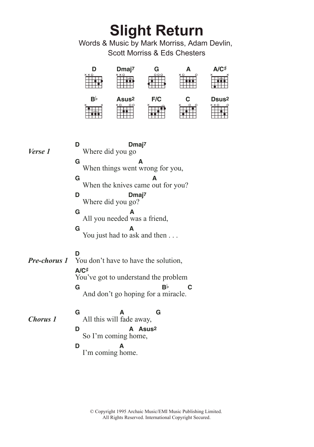 The Bluetones Slight Return sheet music notes and chords arranged for Guitar Chords/Lyrics