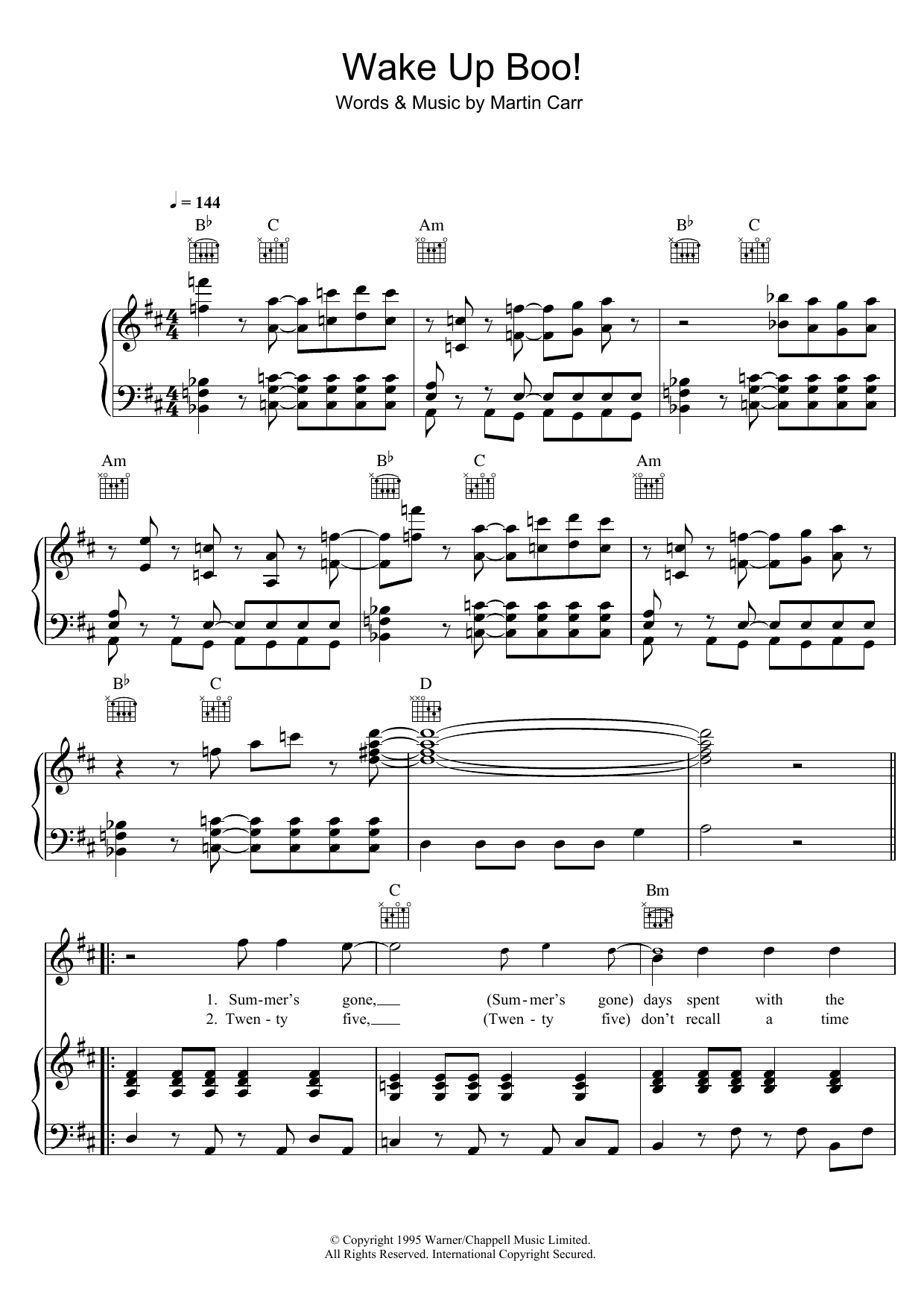 The Boo Radleys Wake Up Boo! sheet music notes and chords arranged for Piano, Vocal & Guitar Chords