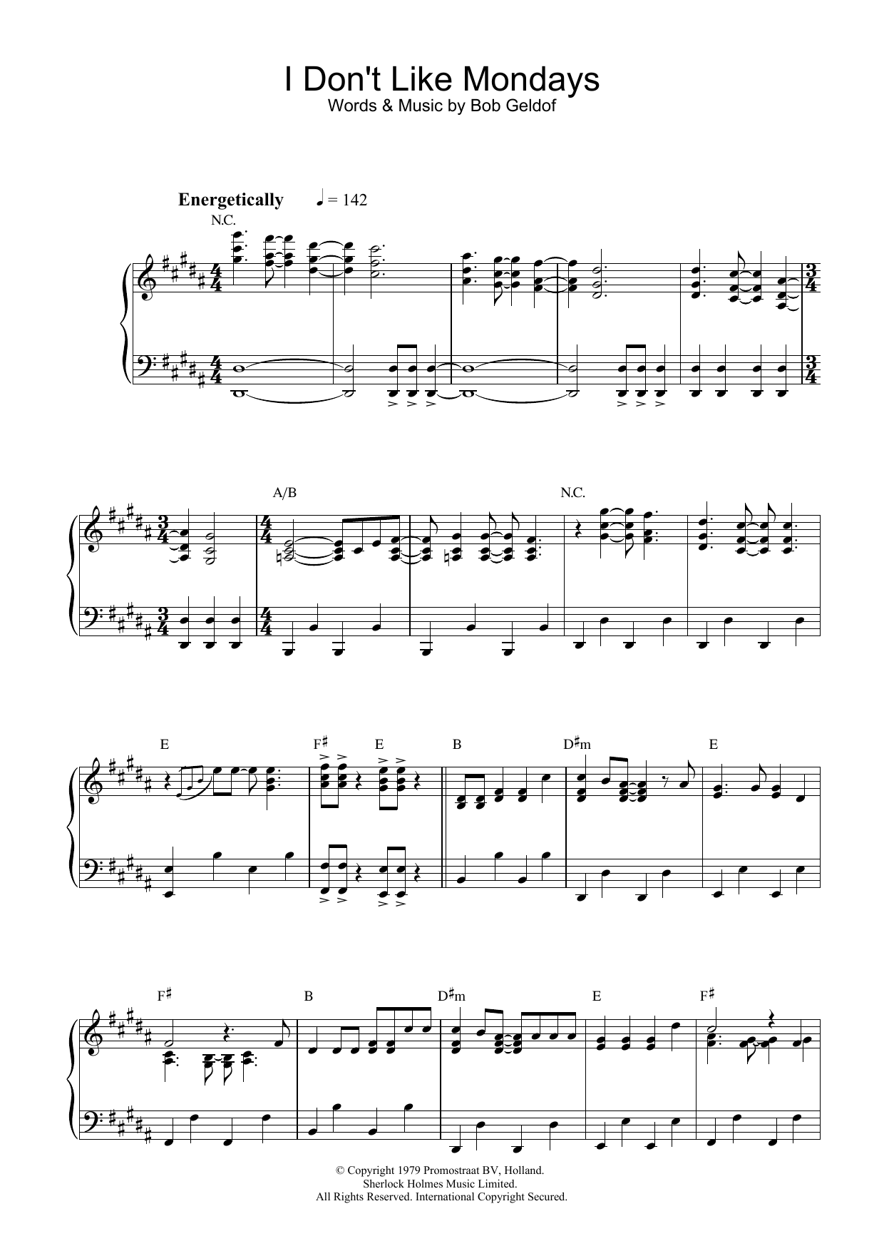 The Boomtown Rats I Don't Like Mondays sheet music notes and chords arranged for Piano, Vocal & Guitar Chords (Right-Hand Melody)