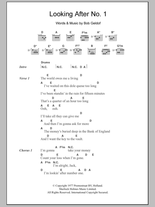 The Boomtown Rats Looking After No. 1 sheet music notes and chords arranged for Guitar Chords/Lyrics