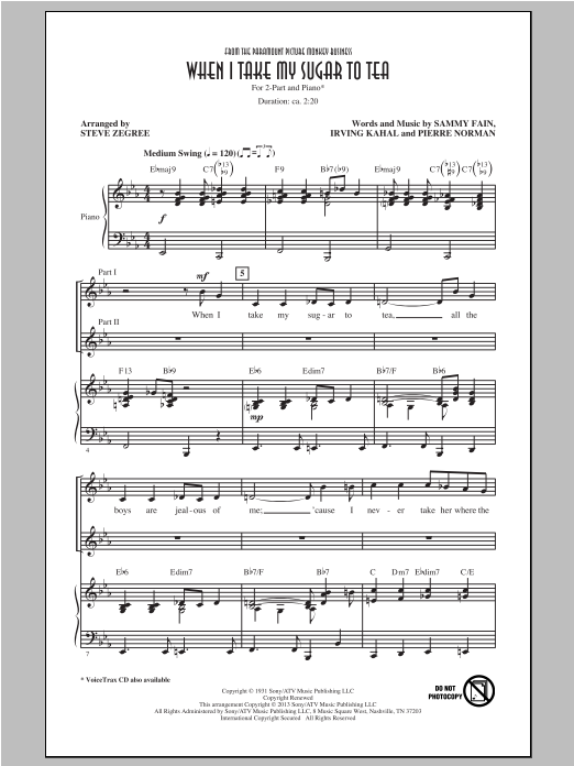 The Boswell Sisters When I Take My Sugar To Tea (from Monkey Business) (arr. Steve Zegree) sheet music notes and chords arranged for 2-Part Choir