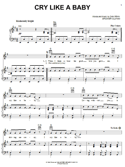 The Box Tops Cry Like A Baby sheet music notes and chords arranged for Piano, Vocal & Guitar Chords (Right-Hand Melody)