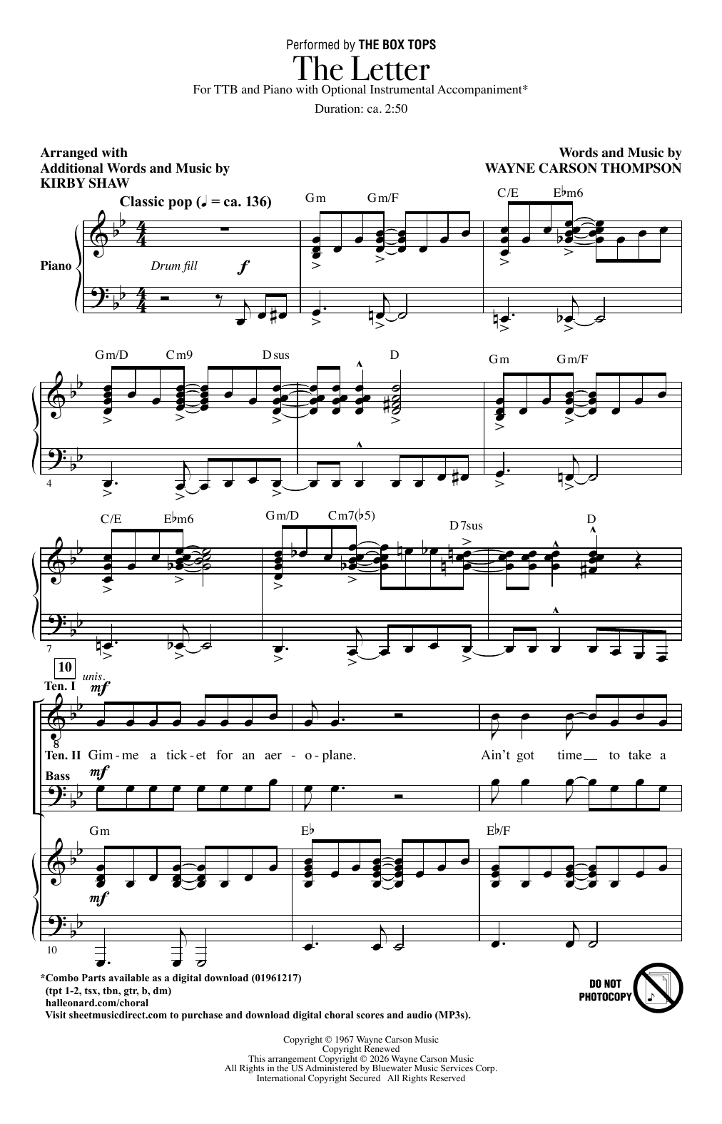 The Box Tops The Letter (arr. Kirby Shaw) sheet music notes and chords arranged for Choir