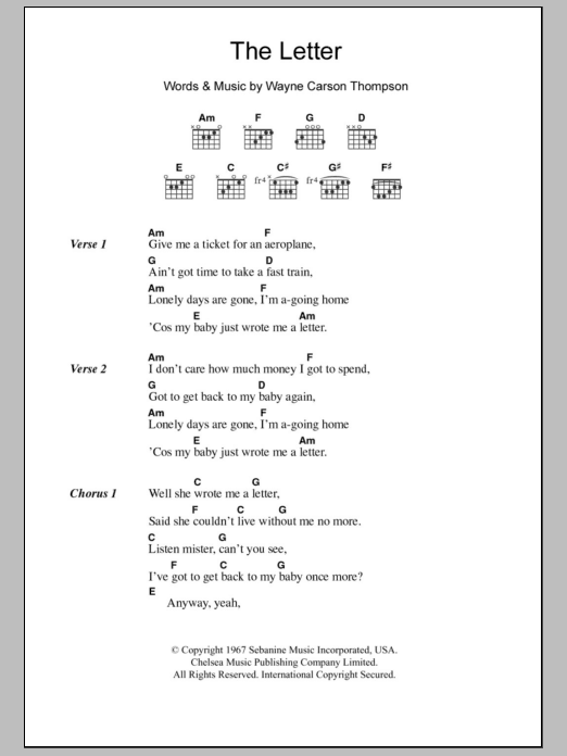 The Box Tops The Letter sheet music notes and chords arranged for Piano Chords/Lyrics