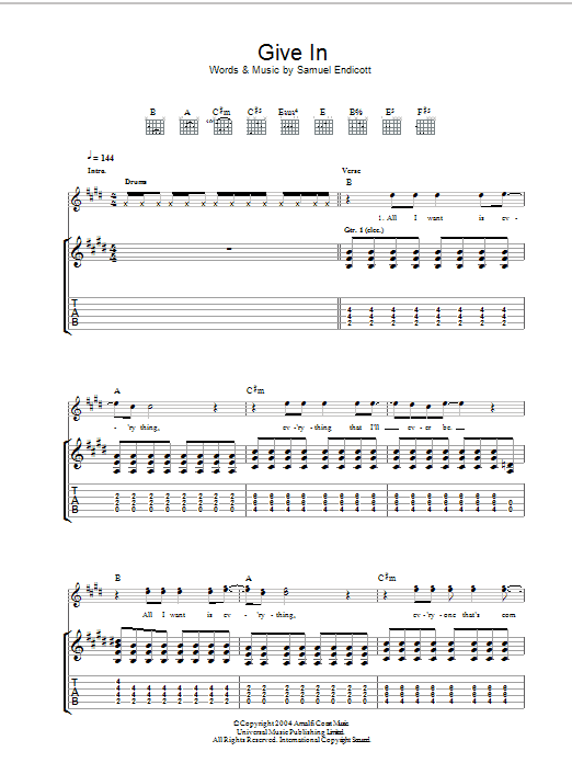 The Bravery Give In sheet music notes and chords arranged for Guitar Tab
