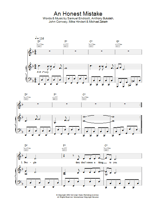 The Bravery Honest Mistake sheet music notes and chords arranged for Piano, Vocal & Guitar Chords