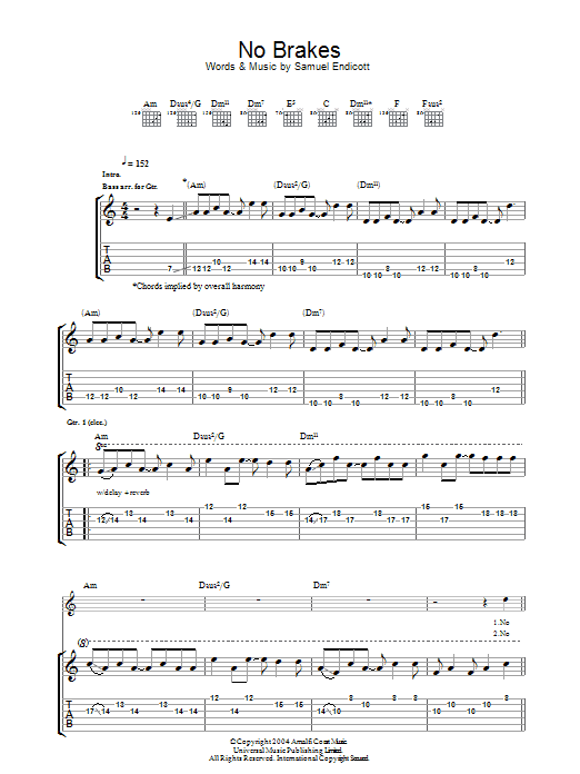 The Bravery No Brakes sheet music notes and chords arranged for Guitar Tab