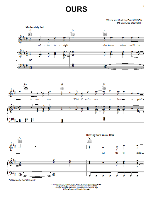 The Bravery Ours sheet music notes and chords arranged for Piano, Vocal & Guitar Chords (Right-Hand Melody)