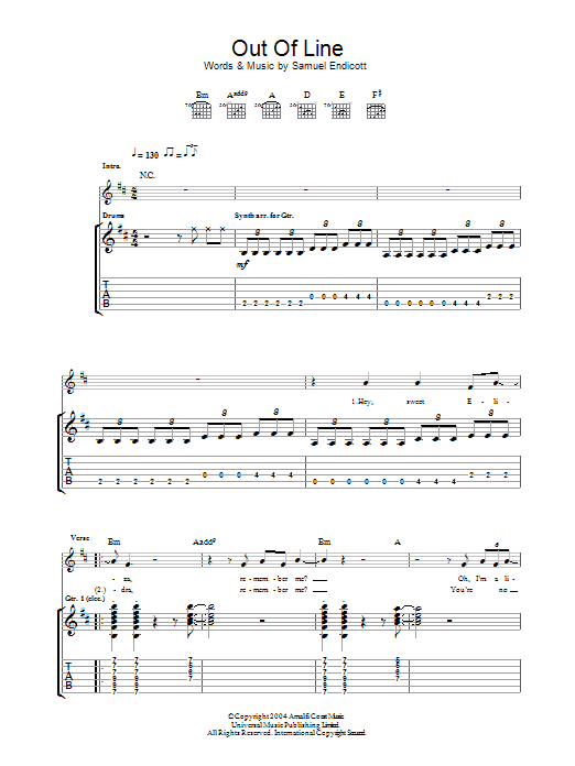 The Bravery Out Of Line sheet music notes and chords arranged for Guitar Tab