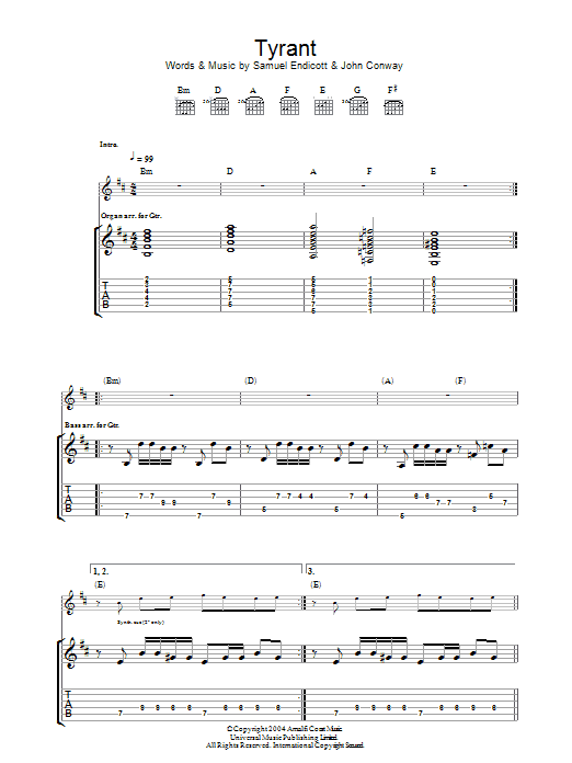 The Bravery Tyrant sheet music notes and chords arranged for Guitar Tab